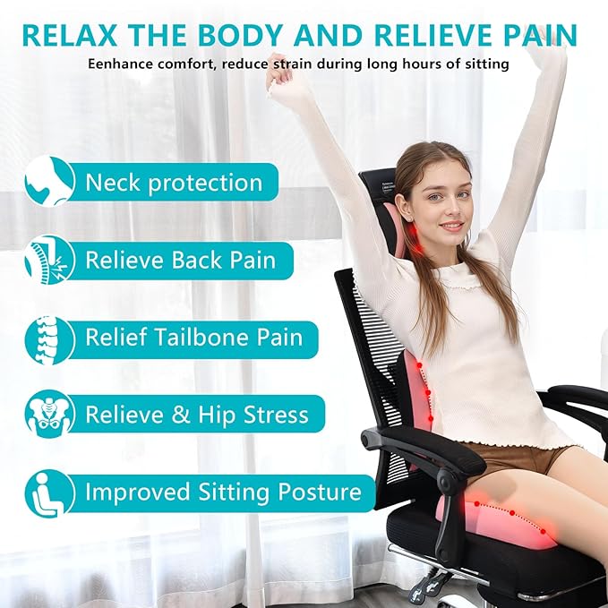 FLORICH Car Seat Cushion and Back Support for Office Chair Memory Foam Chair Cushions Pressure Relief Seat Pads with Gel Massage Point Lumbar Support(Light Pink)