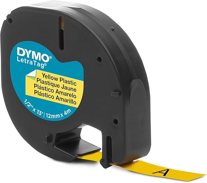 DYMO Authentic LT Plastic Labels | 12mm x 4m Roll | Black Print on Yellow Labels | for LetraTag Label Makers