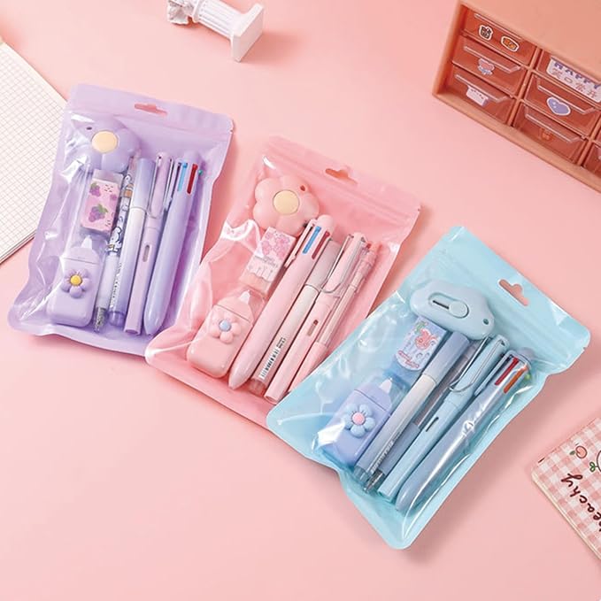 7 Pcs Cute Purple Stationery Set Kawaii School Supplies Office Supplies Including Ballpoint Pens Pencil Sharpener Highlighter Correction Tape Ruler Utility Knife (Purple)