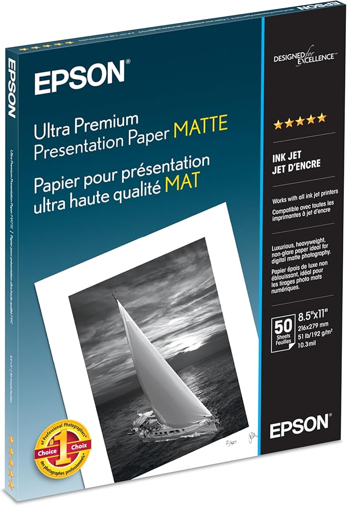 Epson Ultra Premium Presentation Paper MATTE (8.5x11 Inches, 50 Sheets) (S041341),White