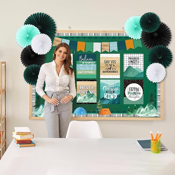 Pajean 62 Pcs Mountains Classroom Bulletin Board Decorations Green with 3D Paper Fans Inspirational Posters Cutouts Moving Mountain Motivational Bulletin Board for School Classroom Home Decorations