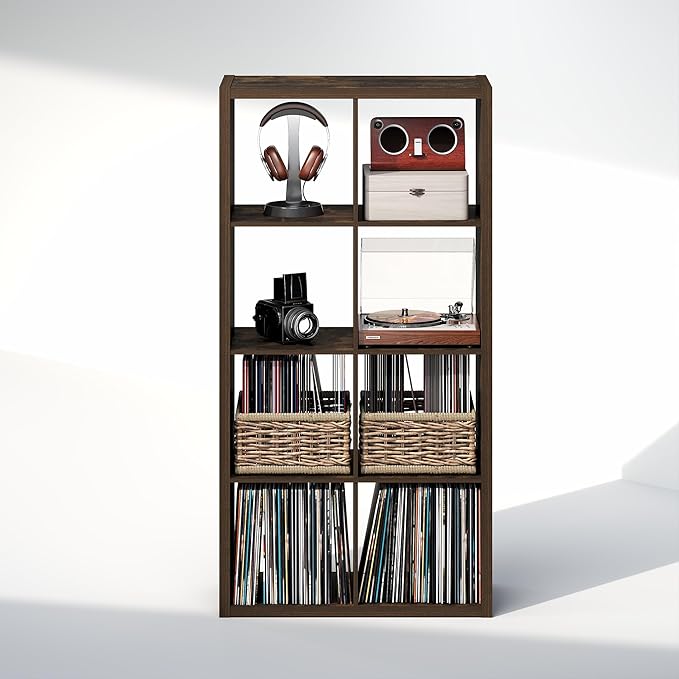 Furinno Cubicle Record Player Stand with Vinyl Storage, 8-Cube 1.2 Extra Thick Vinyl Record Storage, Open Back Media Shelf for CD DVD Blueray Game Disc, for Living Room, Home Office, Amber Pine
