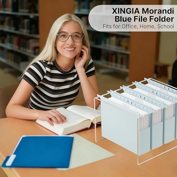 XINGIA Wheat Straw Plastic Hanging File Folders Letter Size, 2'' Expansion Extra Capacity Filing Cabinet Folders with Tabs, 12 Pack Reinforced Accordion File Organizer for Office School(Morandi Blue)