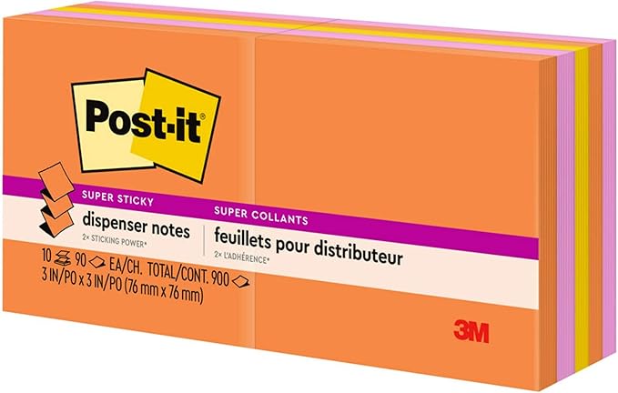 Post-it Super Sticky Dispenser Pop-up Notes, 10 Sticky Note Pads, 3 x 3 in., 2X The Sticking Power, New Year Organization or Second Semester School Supplies, Energy Boost Collection