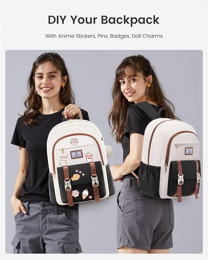 LOVEVOOK School Backpack for Girls Boys,Bookbag for Teen with Pouch Pocket for Large Capacity Cup, Waterproof School Bookbag, Preppy Backpack Travel Daypack with 15.6 inch Laptop Compartment