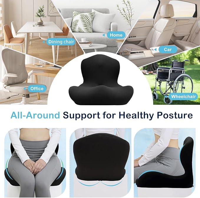 Seat Cushion, Office Chair Cushion, L-Shaped Ergonomic Car Seat Cushions, Memory Foam Chair Cushion, Lumbar Support Pillow for Wheelchair, Car, Home, Office, Desk, Black