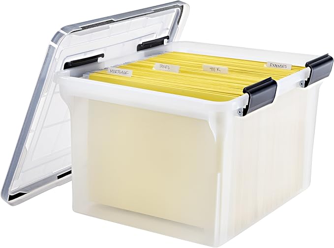 IRIS USA File Box WeatherPro File Organizer Plastic File Box for Letter/Legal File, Water Resistant Document Box, Durable Lid, Seal w/Secure Latching Buckles, Stackable, Nestable, Clear 32 Qt. 1 Pack