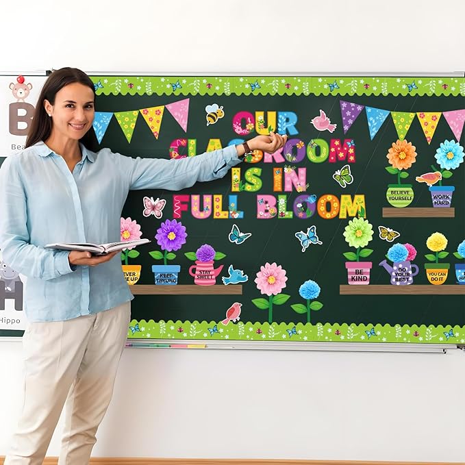 108pcs 3D Spring Bulletin Board Decorations Set Our Classroom is in Full Bloom Butterfly Flower Floral Cutouts Spring Bulletin Board for Motivational Classroom School Home