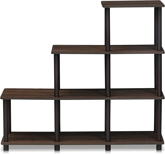 FURINNO 3 shelves, Turn-N-Tube Ladder Space Shelf, Walnut/Brown