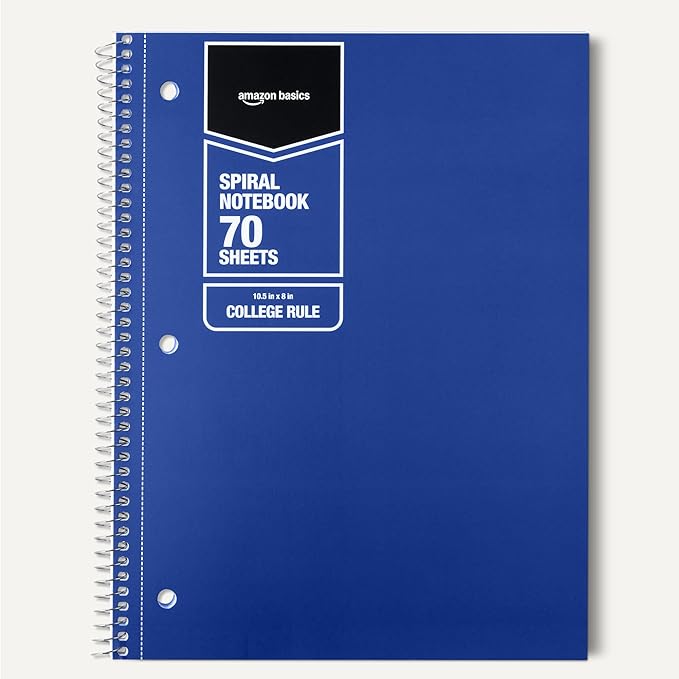 Amazon Basics College Ruled Spiral Notebook, For Work and School, 70 Sheets, 8" x 10.5", Assorted Primary Solid Colors, 3 pack