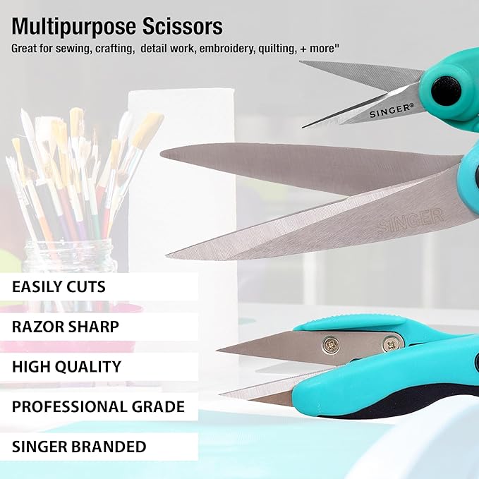 SINGER ProSeries Sewing Scissors Bundle: 8.5" Heavy Duty Fabric, 4.5" Detail Embroidery, 5" Thread Snips With Comfort Grip (Teal)