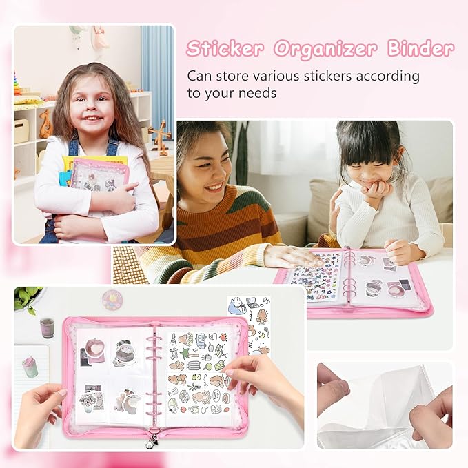 Sticker Storage Organizer Binder A5 Sticker Collecting Book Reusable Zipper Album with Clear Laser Star Cover and Pocket Pages (Pink)