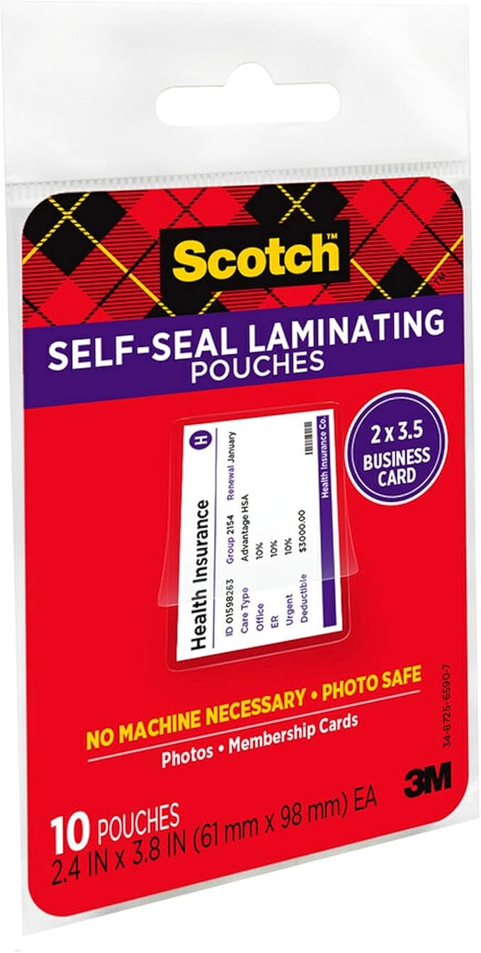 Scotch Self-Sealing Laminating Pouches, 2 in x 3.5 in Business Card Size, Great for Gift Tags, 25-Pack (Pack of 12)