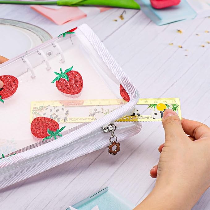 AxeWoodz White A6 Zipper Binder Clear Refillable Notebook Shell Cute Strawberry Lace Cover 6 Ring PVC Binder Cover for Photocard Planner Journal Photo Album