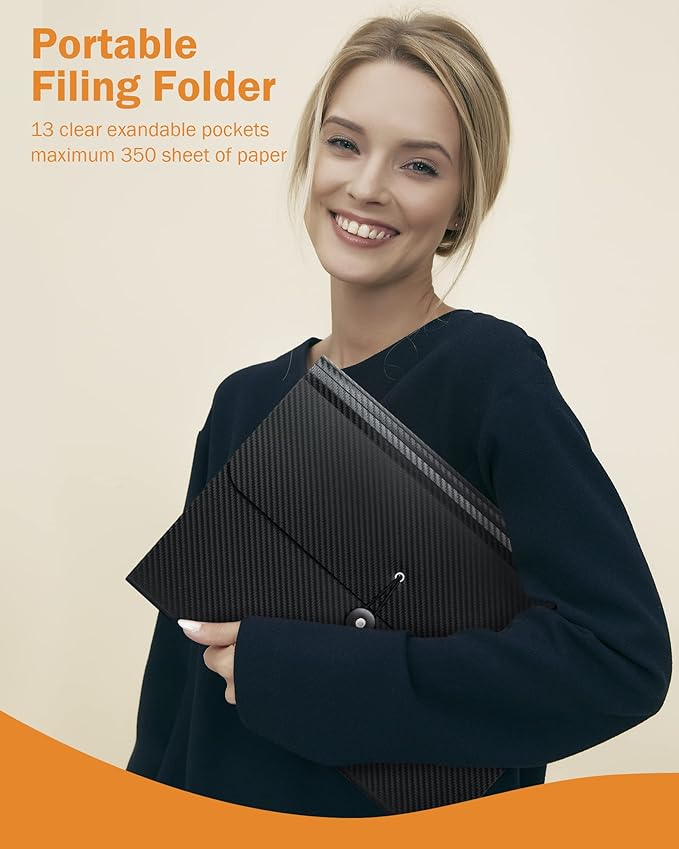 Cesil 2Pcs Accordian File Organizer Expanding File Folder, 13 Pockets File Holder Organizer, A4 Letter Size Paper Document Receipt Organizer Accordion Filing Folder for Classroom, Home, Office