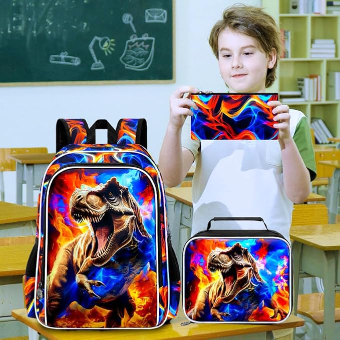 KLFVB 3PCS Boys Bookbag Set, 17" Dinosaur Bookbag and Lunch Box, Water Resistant Teenagers School Backpacks for Middle Elementary - Flame T-Rex