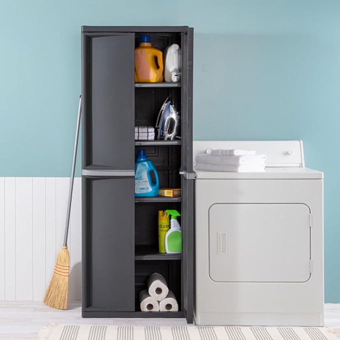 Sterilite 4 & 5 Shelf Plastic Storage Units Bundled with Easy to Assemble Storage Cabinet for Garage, Pantry & Kitchen Organization, 4 Shelves, Gray