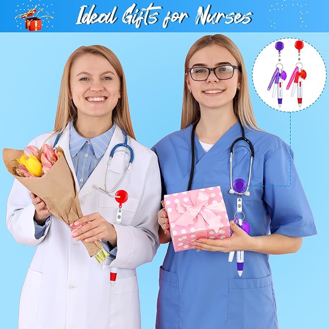 Chinco 30 Pcs Retractable Shuttle Pen Clip with Mini Highlighter Nurse Badge Pen Neon Marker LED Keychain Ring Clip