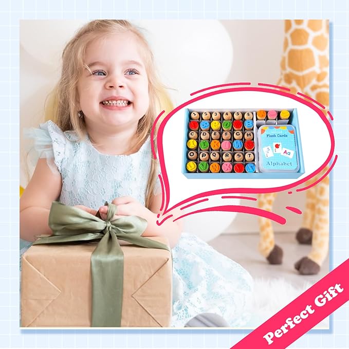 MeCids Wooden Alphabet Number Stamp for Kids - Educational Learning Toy Stamp for Playdough with 26 Letters, Numbers 0-9, Flashcards - ABC Spelling and Math Learning Toddler (Alphabet Number-39 Pcs)