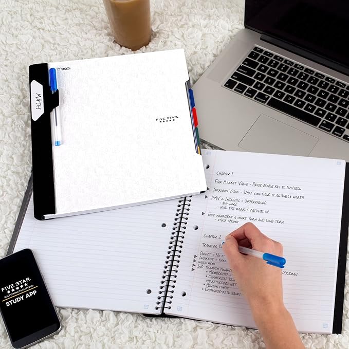 Five Star Advance Spiral Notebook + Study App, 5 Subject, College Ruled Paper, 8-1/2" x 11", 200 Sheets, Spiral Guard, Movable Tabbed Dividers, White (73154) (Pack of 6)