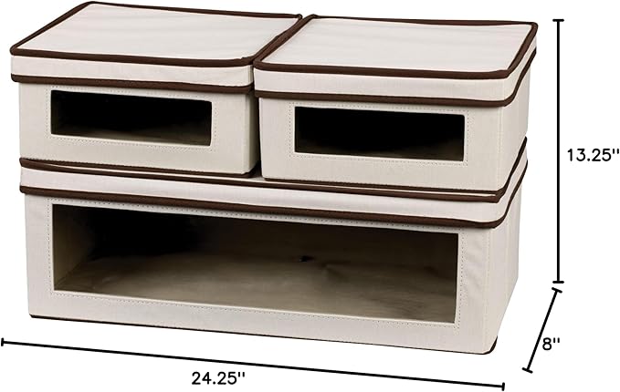 Household Essentials 510-3 Vision Storage Boxes with Lids | 3 Piece Set | Natural Canvas with Brown Trim