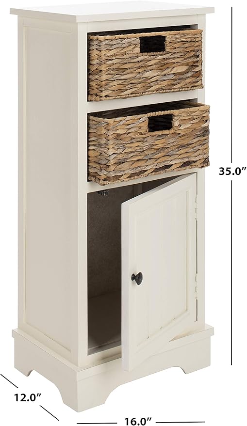 SAFAVIEH Home Collection – Connery Distressed Vintage White Storage Cabinet with Rattan Baskets & Bottom Door, Farmhouse Accent Storage, Fully Assembled (AMH5742B)