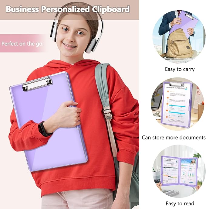 SFLHHDM Clipboard with Storage,Heavy Duty Clip Boards 8.5x11 with 2 Storage Case,Clear Visible Panel Storage Clipboards,Side Opening Nursing Clipboard Folder for Office Supplies-Light Purple