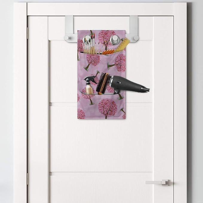 Ambesonne Valentine's Day Hanging Pocket Organizer, Continuous Pattern of Mini Hearts Romantic Tree Abstract Design, Printed Polyester Storage Bag with Pockets, 9" x 16", Pink and Pastel Pink