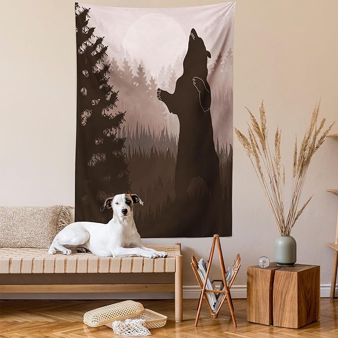 Ambesonne Nature Tapestry, Silhouette of Wild Bear in the Jungle Woodland at Dark Night Illustration, Wall Hanging for Bedroom Living Room Dorm Decor, 60" X 80", Army Green Pale Peach