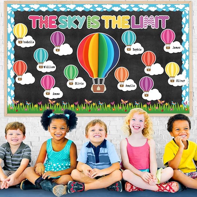 3D Hot Air Balloon Bulletin Board Set Colorful DIY Crafts Name Tags The Sky is The Limit Classroom Decorations Back to School Paper Cutouts for Motivational Nursery Supplies Teacher Wall Decor