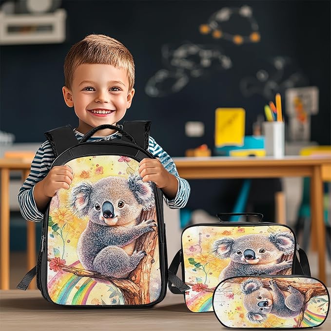Cute Koala Backpack Set 3 Piece School Bags and Lunch Box with Pencil Case Koala Animal Rainbow Bookbag Set for Toddler Kids Girls Boys Teens Kindergarten Elementary Middle