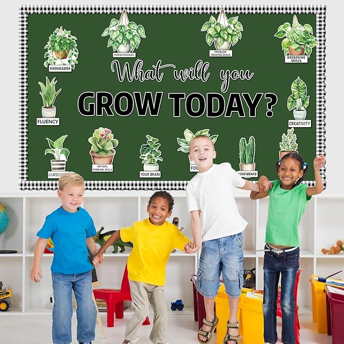 Spring Greenery Potted Plant Bulletin Board Set Motivational Eucalyptus Classroom Decorations What Will You Grow Today Positive Paper Cutouts for Back to School Chalkboard Wall Door Teacher Decor