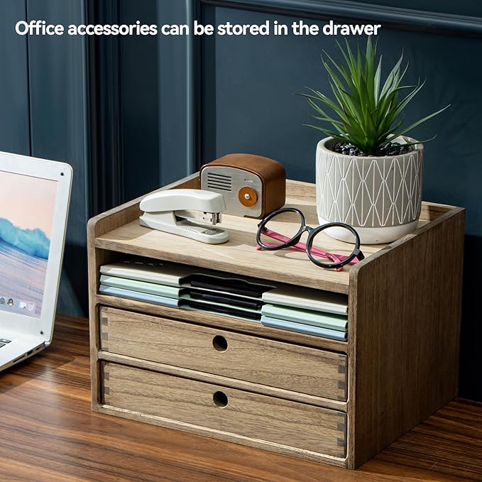 KIRIGEN Desktop Organizer Cabinet With 2 Drawers & Tray - Wood Office Desk Storage Shelf for Office Supplies - Small Cabinet for Countertop Accessories Storage 3 Layer Dark Brown(DT3D2C-DBR)