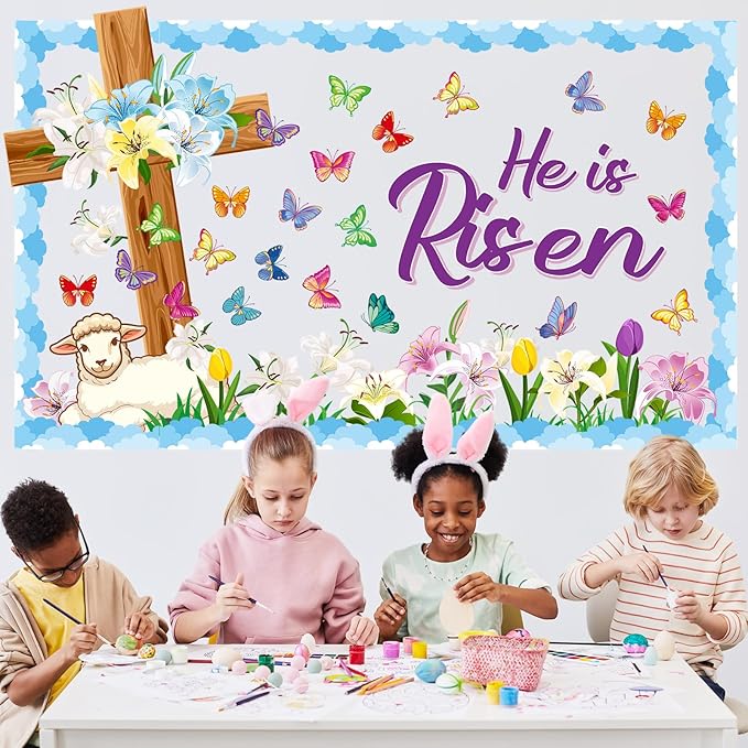 Pajean Easter Bulletin Boards Easter Classroom Decor Christian Religious Bulletin Board He is Risen Cross Bunny Egg Cutouts for Spring School Home Church Wall Door(Butterfly)