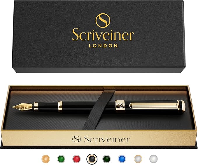 Scriveiner Luxury Fountain Pen - Stunning Black Lacquer Pen, Real Gold Finish, Schmidt Gilded Nib (Broad), Converter, Best Pen Gift Set for Men & Women, Professional, Executive, Office, Nice Pens