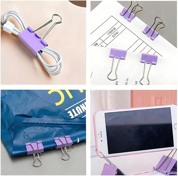 130 Pack Macaron Purple Binder Clips Assorted Sizes, Large Medium Small Mini 4 Sizes Mix, Paper Clamps Metal Paper Clips Set for Office School Home Business Supplies