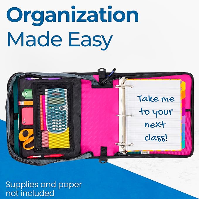 Case-it Mighty Zip Tab School Zipper Binder | 3-Inch O-Rings, 600-Sheet Capacity, 5-Subject Expanding File Folder, Multiple Pockets & Storage Organizer, Shoulder Strap | D-146 Magenta | 6 Pack