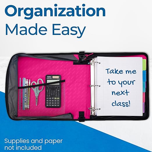 Case-it Classic Zipper Binder | 2-Inch O-Rings, 350 Sheet Capacity, Multiple Storage Pockets & Shoulder Strap | School & Office Organizer | D-251 Magenta | 6 Pack