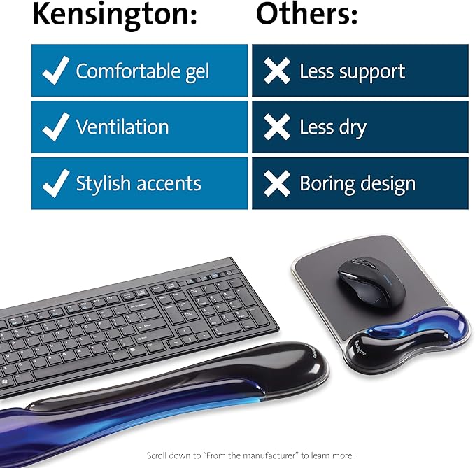 Kensington Duo Gel Mouse & Keyboard Wrist Rest Bundle Set, Ergonomic Keyboard and Mouse Pad With Wrist Support, Keyboard Wrist Rest, Computer Keyboard Pad, Cooling Gel, Non-Skid Backing, Blue K52920WW