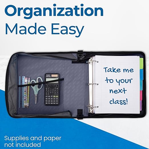 Case-it Classic Zipper Binder | 2-Inch O-Rings, 350 Sheet Capacity, Multiple Storage Pockets & Shoulder Strap | School & Office Organizer | D-251 Jet Black | 6 Pack