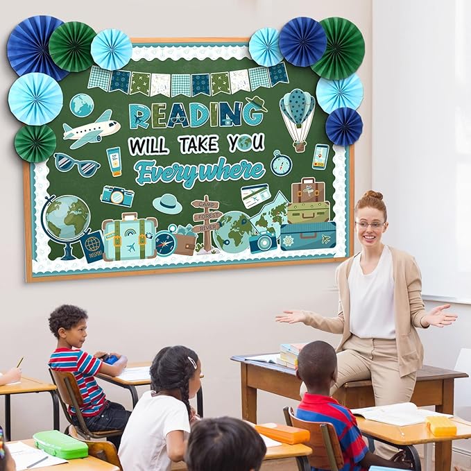 Eersida Spring Bulletin Board Decorations with Paper Fans St Patricks Day 3D Classroom Bulletin Board Christian Easter Flower Bunny Cutouts School VBS Library Church Window Wall Decor(Travel)