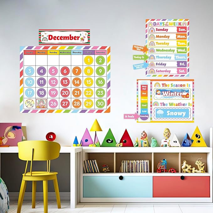 Colorful Classroom Calendar Bulletin Board Set Rainbow Stripes School Calendar Bulletin Board Set for Rainbow Classroom Decoration with Hook and Loop Dots Stickers