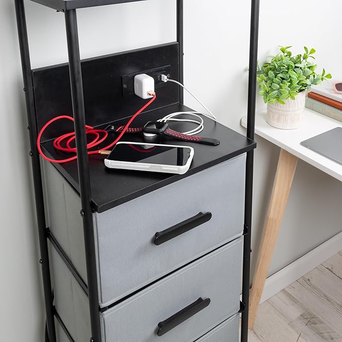 Honey-Can-Do Rolling Cart with 4 Drawers, Fabric Small Dresser Organizer Vertical Storage with Charging Station (USB and USB-C), Nightstand Side Table for Dorm Room, Bedroom, Black and Gray