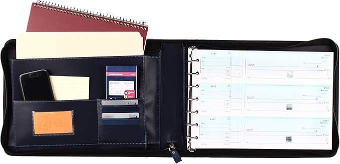 2Fold Zippered Business Checkbook Binder - 7 Ring Binder for Business Checks with Built-in Organizer and Card Case - PU Leather Portfolio for up to 600 3-Up Checks (Blue)