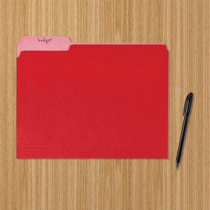 Amazon Basics File Folders for Organization, Letter Size, 1/3 Cut Tab, Red, 36-Pack