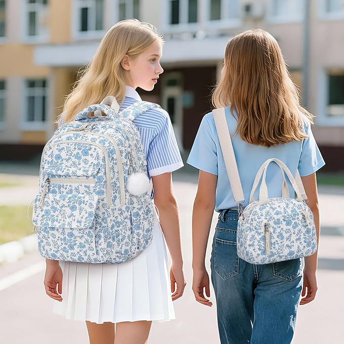 Bevalsa Backpack for Gilrs, 3PCS Corduroy Kids Backpack Set with Lunch Box & Pencil Pouch, Bookbag Daypack Laptop Bag for Women Teens Elementary Middle High School