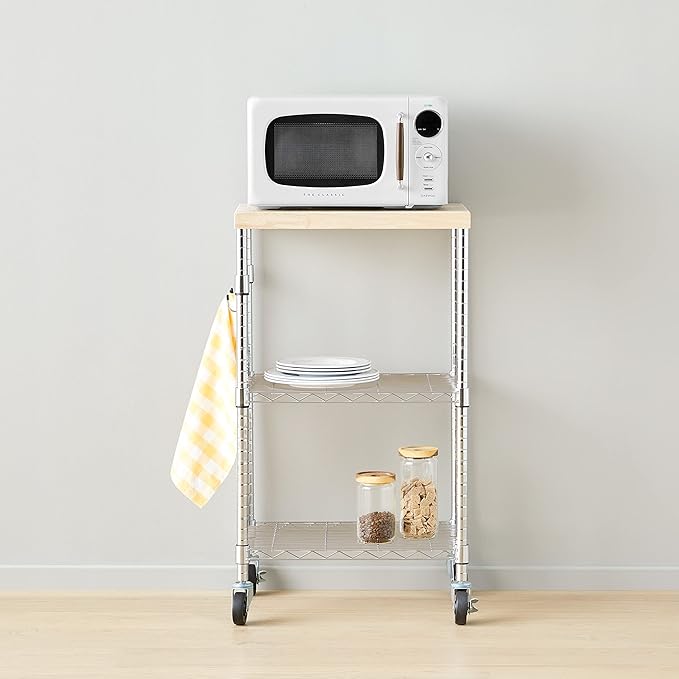 Amazon Basics Portable Kitchen 3-Tier Storage Rack on Caster Wheels with Adjustable 2 Shelves, 175 Pound Capacity, 21 x 15 x 36.7 inches (LxWxH), Wood/Chrome