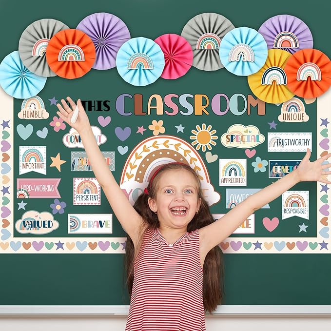 Janlaugh 94 Pcs in This Classroom Bulletin Board Decorations with Paper Fans Boho Classroom Decor Rainbow Motivational Words Cutouts Positive Back to School Bulletin Board Set for Wall Window Office