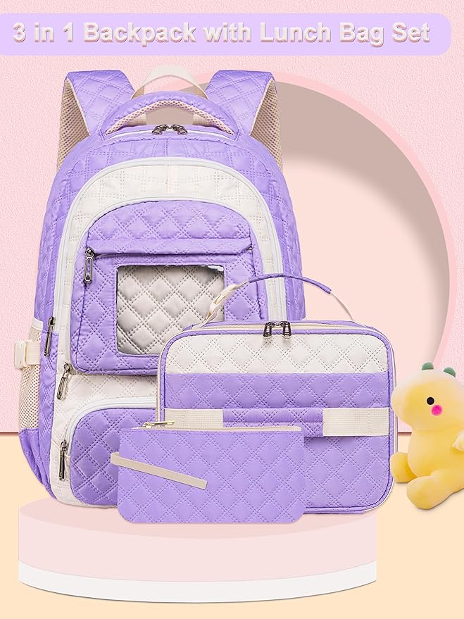 Purple Girls Backpacks with Lunch Box for Teens Kids for Age 6-8 8-10 10-12 Cute School Bag for Middle High School Primary Preppy Bookbag Mochila Para Niñas