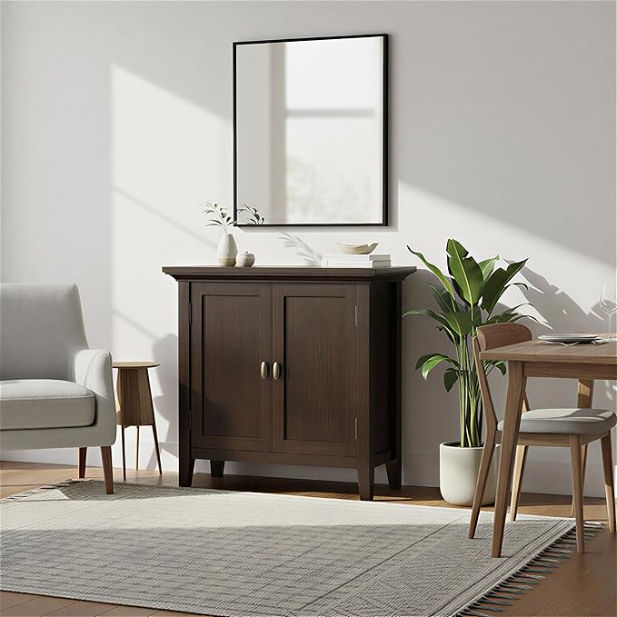 SIMPLIHOME Redmond SOLID WOOD 32 inch Wide Transitional Low Storage Cabinet in Brunette Brown for the Living Room, Entryway and Family Room